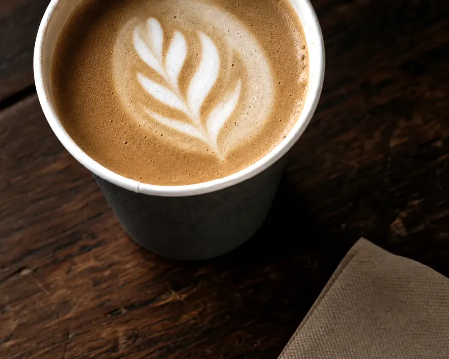 Caffè Latte, a finished Rhine Coffee drink photographed on a dark wooden table