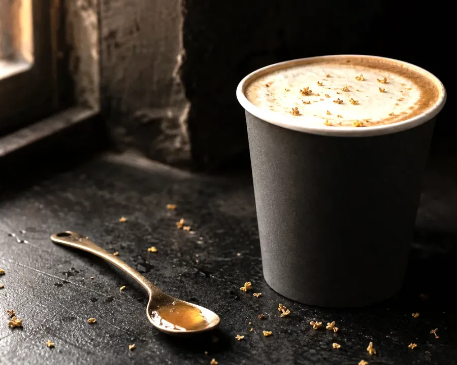 Osmanthus Au Lait, a finished Rhine Coffee drink photographed on a dark wooden table