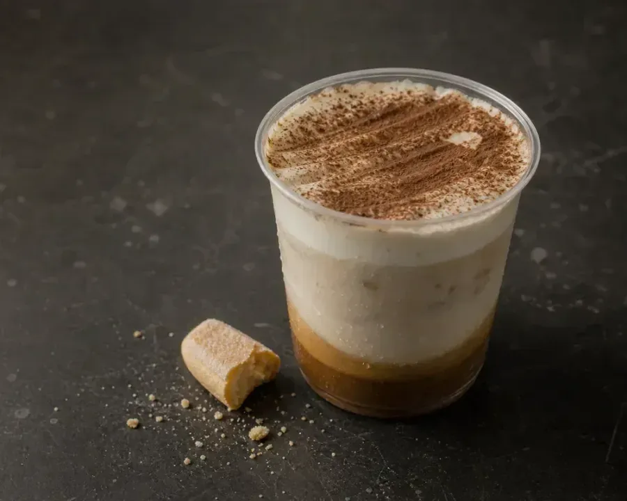 Tiramisu Latte, a finished Rhine Coffee drink photographed on a dark wooden table